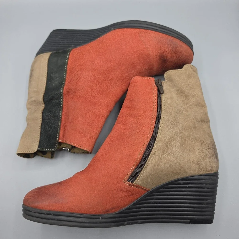 Fly London Booties Womens 39‎ Red Orange Brown Leather Distressed Wedge Zipper